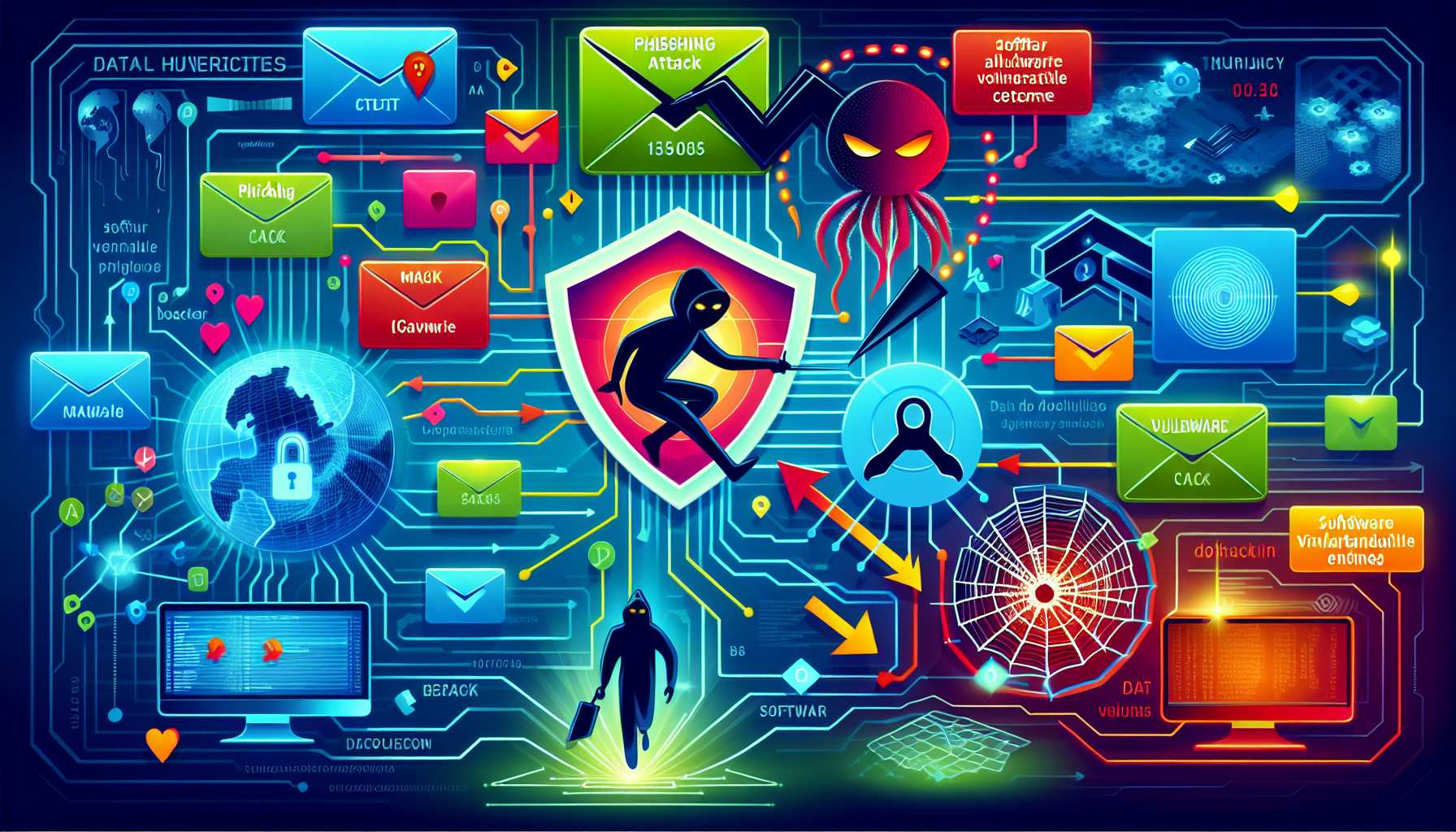 An illustration depicting various methods of data breaches, including hacking and phishing attacks.