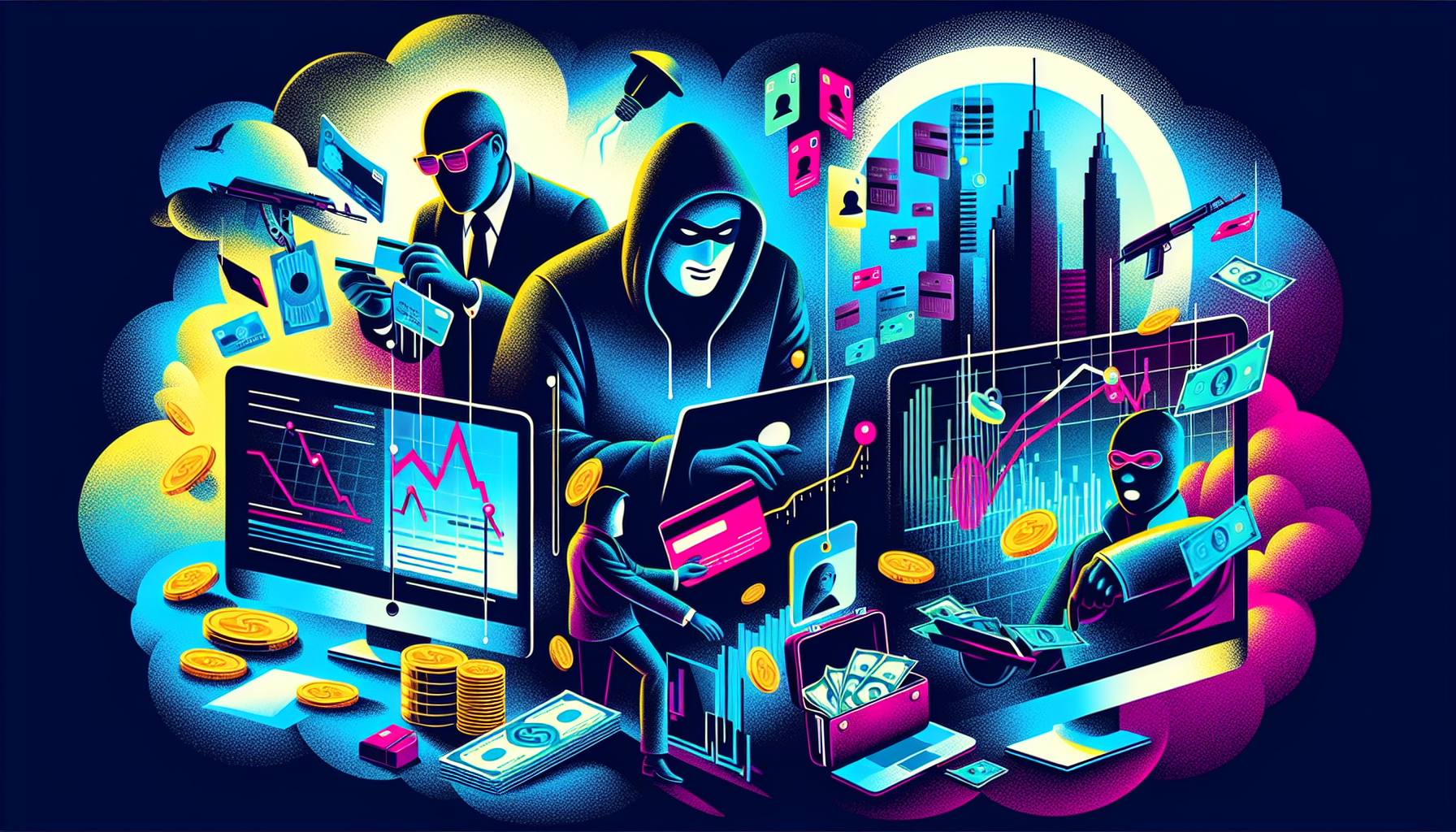 An illustration depicting various uses of stolen data, including identity theft and corporate espionage.